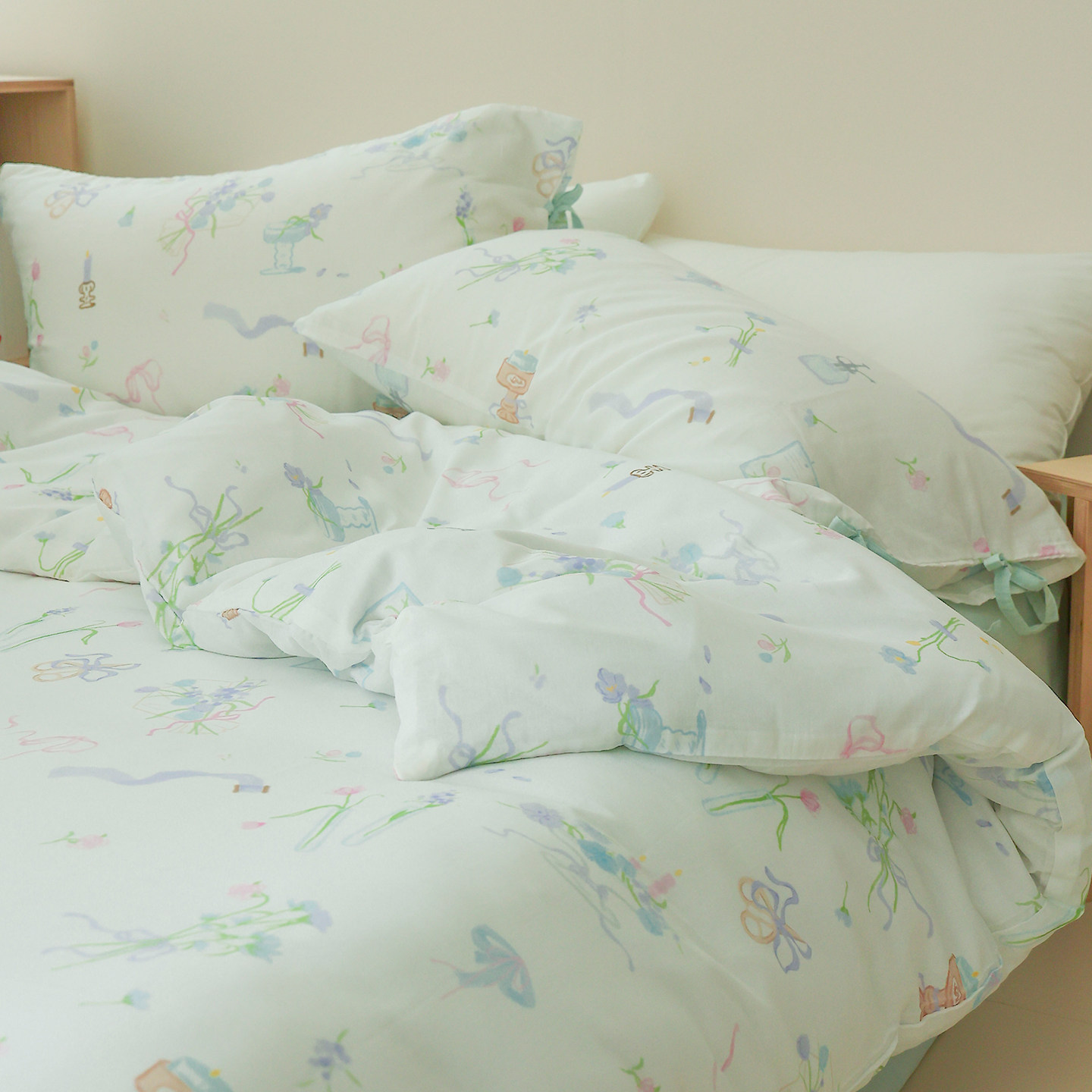 生活的裙摆 小众原创插画氧气薄荷蓝四件套全棉双层纱被套小清新