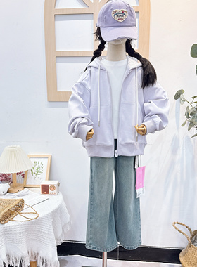 己又合2025春季新款女童韩版浅紫色连帽卫衣外套中大童上衣22086