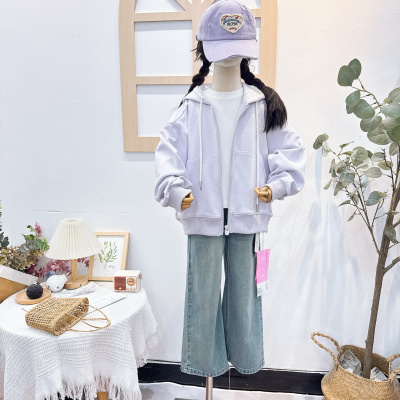 己又合2025春季新款女童韩版浅紫色连帽卫衣外套中大童上衣22086