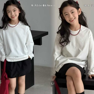 男女童白色简单笑脸标休闲长袖 嗨大E小e童装 韩版 新款 T恤 2026春季