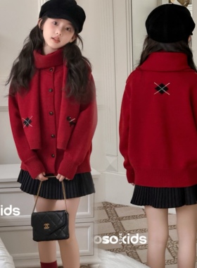 wooso吾束童装2025冬季年货款小马红色带围巾羊绒针织开衫95200
