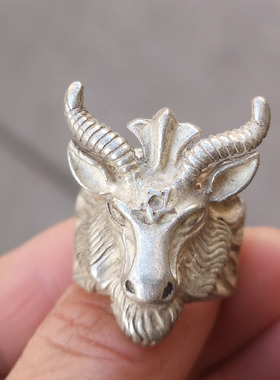 古玩杂项收藏仿古合金铜羊头戒指 个性扳指男士指环