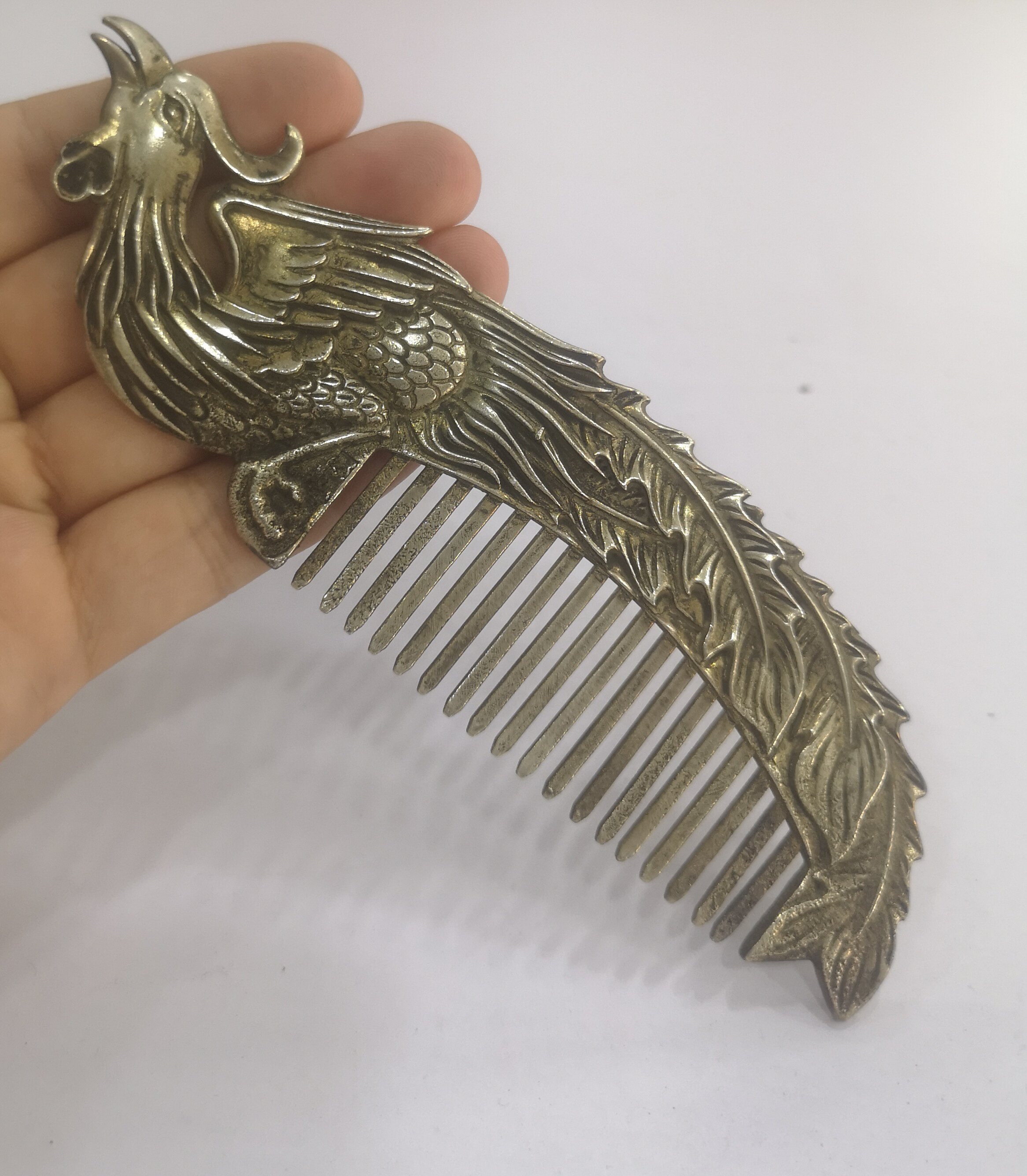 仿古做旧藏银凤凰梳子家居摆件影视道具双面工艺复古个性梳子