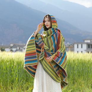 民族风披肩丽江云南外搭保暖斗篷披风新疆西藏旅游穿搭彩条围巾女