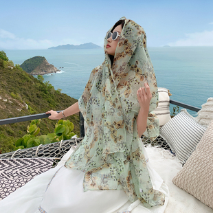 韩版植物花卉丝巾女夏季薄款度假旅游防晒遮阳披肩长方形围巾