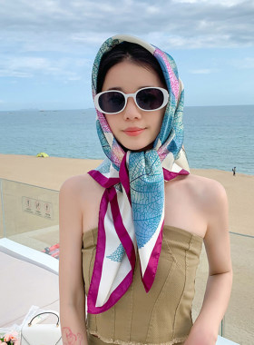 复古彩色树叶小方巾百搭女夏季防晒丝巾海边沙滩披肩包头巾薄款90
