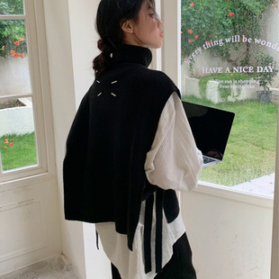纯色高领飘带背心毛衣秋冬季韩版披肩马甲女厚款百搭款式洋气围脖
