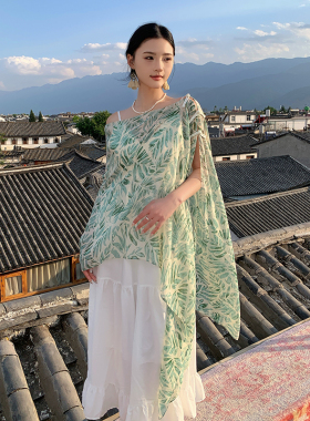 夏季丝巾女韩版百搭时尚绿色印花围巾夏季中式风盘扣纱巾防晒披肩