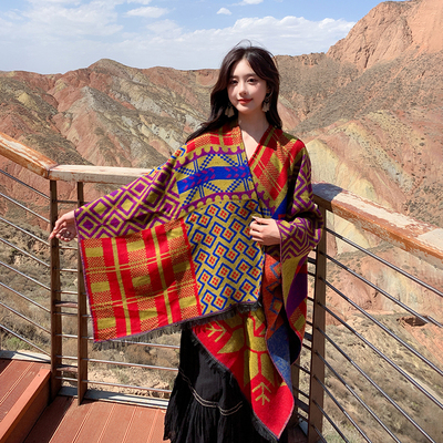复古格纹围巾女秋冬季百搭大斗篷甘南新疆旅游穿搭民族风外搭披肩