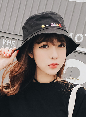 夏季黑色渔夫帽女休闲出游防晒遮阳帽子男学生遮脸大头围盆帽潮