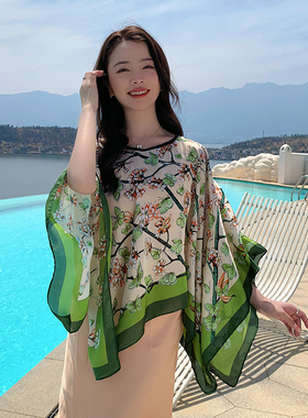洋气缎面套头披肩套头衫夏季海边防晒披肩女沙滩巾百变纱巾多功能