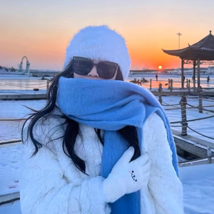 高级感纯色雾霾蓝马海毛蓬松冬季韩版保暖加厚围巾氛围感围脖披肩