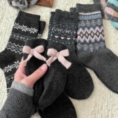 费尔岛羊毛袜子女秋冬加厚保暖2025新款 韩国灰色中筒袜复古堆堆袜