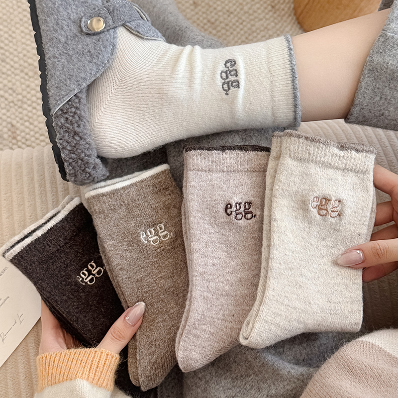韩系刺绣羊毛袜子女秋冬季加绒