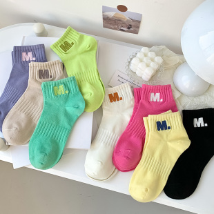 薄款 字母袜子女短袜纯棉春秋中短筒袜夏季 运动袜ins潮学院风网红