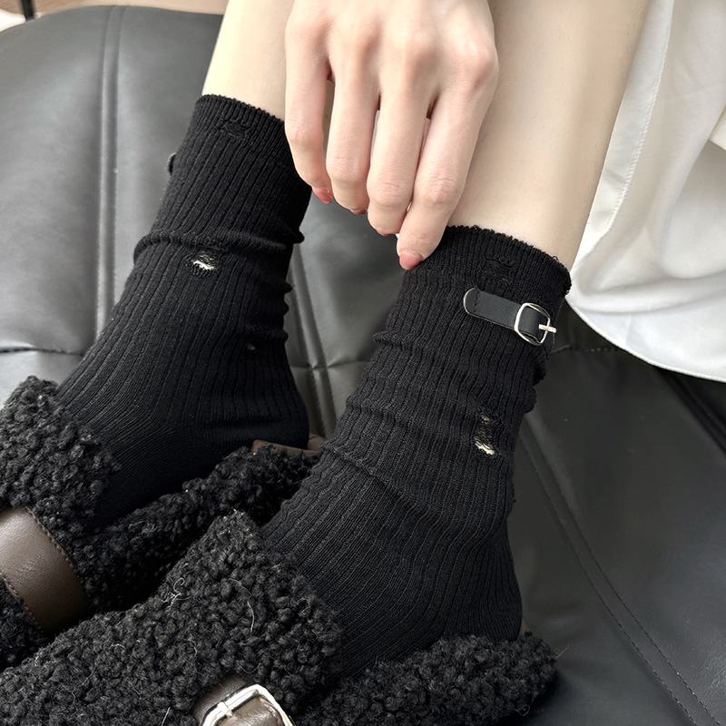 皮扣破洞袜子女韩版中筒袜时尚