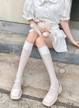 白色小腿袜女夏季薄款纯棉jk长筒袜灰色粗条显瘦腿miu风芭蕾长袜