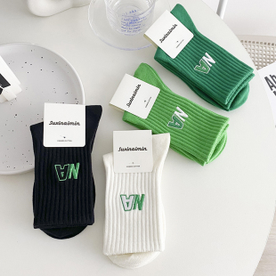绿色袜子女夏季 白色字母袜纯棉 中筒袜ins潮情侣运动男长筒袜薄款