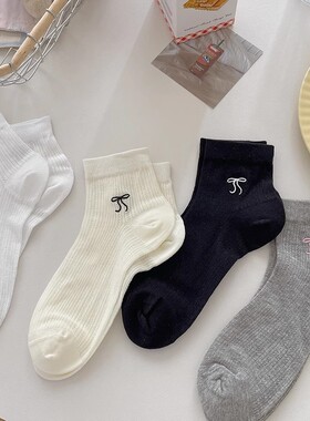 无骨蝴蝶结袜子女夏季薄款短袜白色纯棉夏天网眼透气miu系芭蕾风