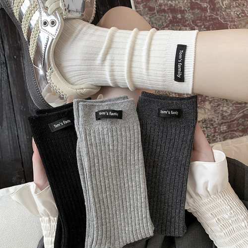 白色布标袜子女中筒袜春秋季