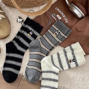 韩国东大门米奇袜子女可爱纯棉条纹中筒袜配老爹鞋袜春秋冬长筒袜