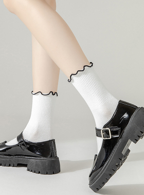 白色木耳边袜子女夏款纯棉jk中筒袜黑色配皮鞋日系夏季薄款ins潮