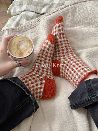 英文 Frilly Gingham Sock 荷叶格纹短袜棒针编织文字解说明 159