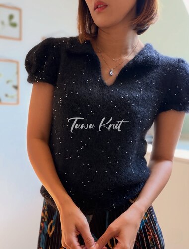 【英文】Stardust Blouse 女士翻领泡泡袖毛衣棒针编织文字解说明