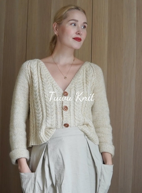 伊文V领麻花开衫棒针编织中文图解文字说明