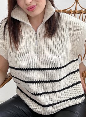 思慕 女士条纹拉链Polo套衫棒针编织中文图解文字说明