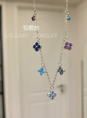 S925纯银不掉色蓝色四叶草手链