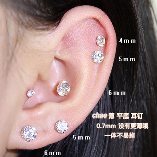 小耳朵耳钉平底耳骨钉女纯银锆石耳钉超闪耳蜗钉大钻多个耳洞适合