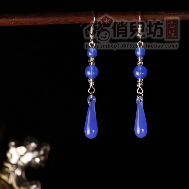 古装仙女宝蓝色玉石贵妃旗袍耳勾
