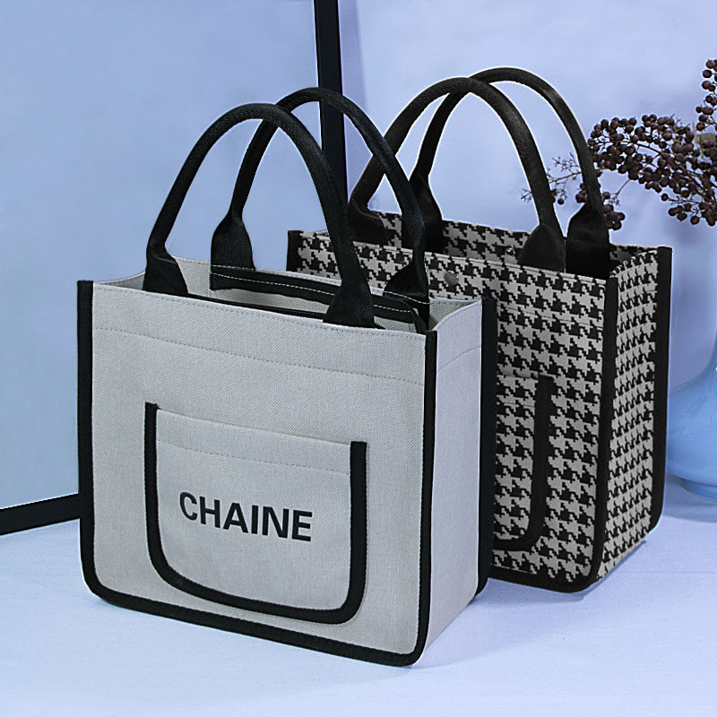 新款立体上班手提方形帆布包休闲百搭日韩版手拎小巧黑白便当布包