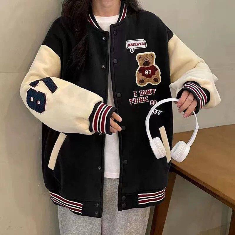 女大童秋冬加厚外套拼色棒球服