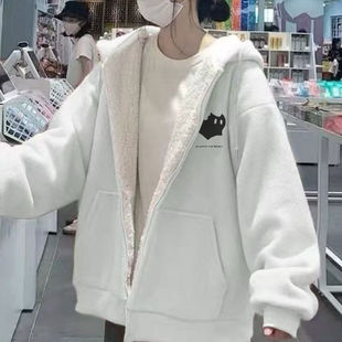 女大童白灰色外套连帽时尚外穿加绒加厚冬季过年羊羔绒保暖上衣潮