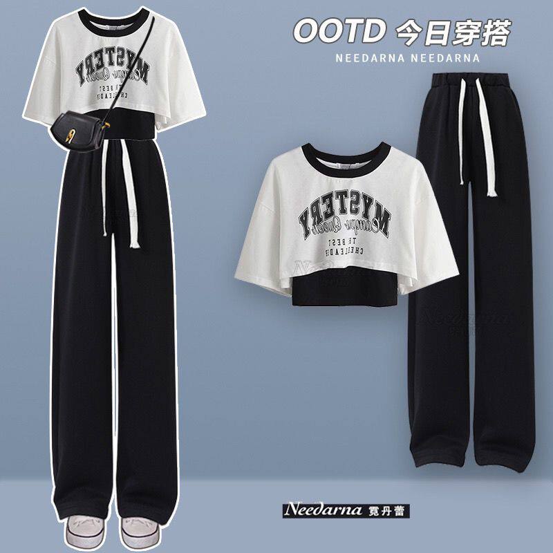 女童休闲套装时尚网红炸街短袖T恤背心中大童学生阔腿裤三件套潮