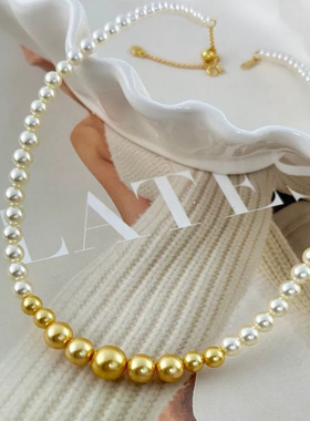 金色交响曲 人造仿南洋金渐变珍珠塔链法式复古高级感锁骨链