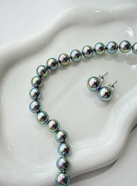 人造仿海水极光仙境马贝炫彩混彩珍珠项链耳环气质锁骨链