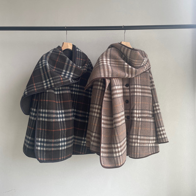 Fa*格纹短款羊毛羊绒斗篷外套女