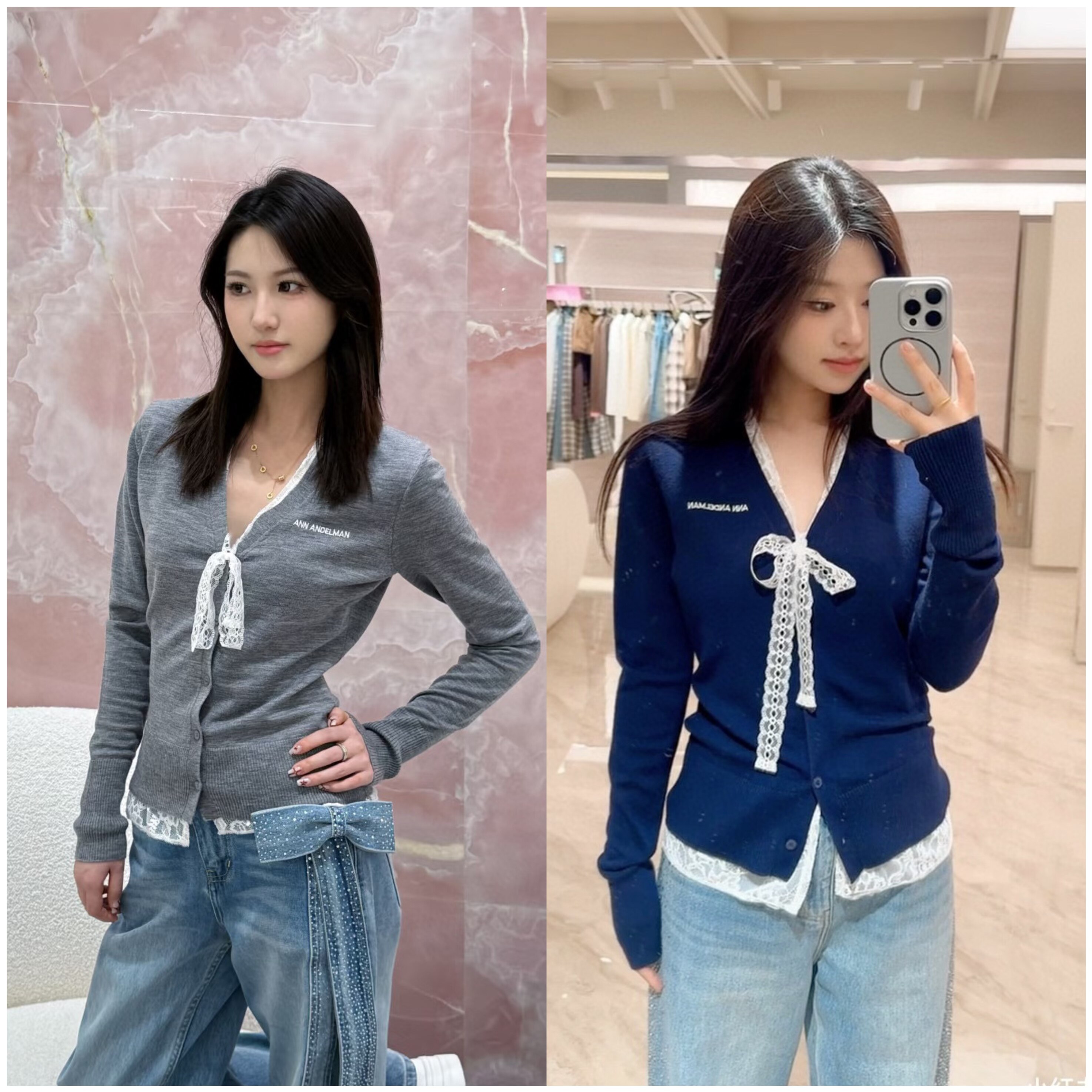 an*假两件蕾丝蝴蝶结V领针织衫