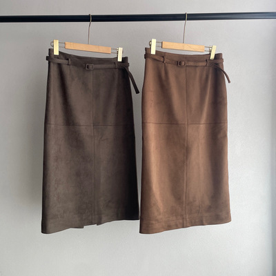 老钱风复古麂皮绒直筒半身裙