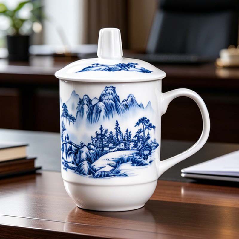 2026爆款水杯陶瓷茶杯有盖青花瓷陶瓷水杯带盖办公会议杯定制杯子