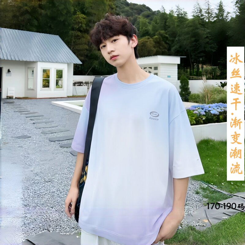 2026夏款波蒂琪亚男大童速干渐变印花短袖初高中学生潮流圆领半袖