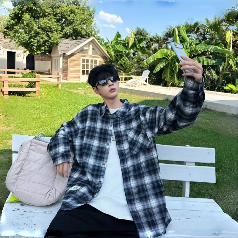 沐吉潮舍秋季磨毛休闲格子衬衣潮