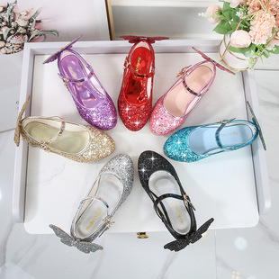 女童公主鞋高跟鞋演出皮鞋银色黑色校园学生单鞋儿童表演水晶鞋子