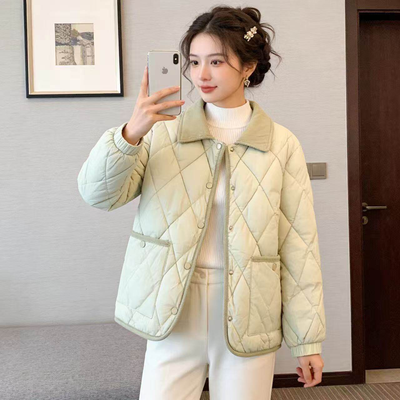 温柔菱格棉衣显瘦保暖加厚轻薄小棉袄春秋款二棉棉袄小清新棉服女