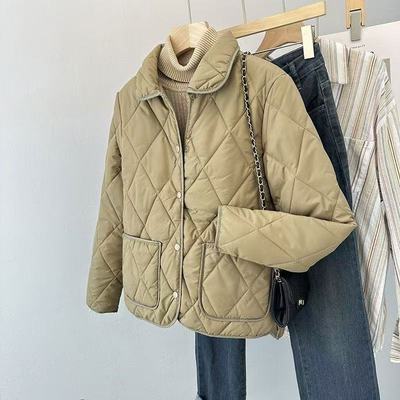 2025春秋翻领洋气短款棉衣菱格中青年棉服修身轻薄妈妈棉袄短外套