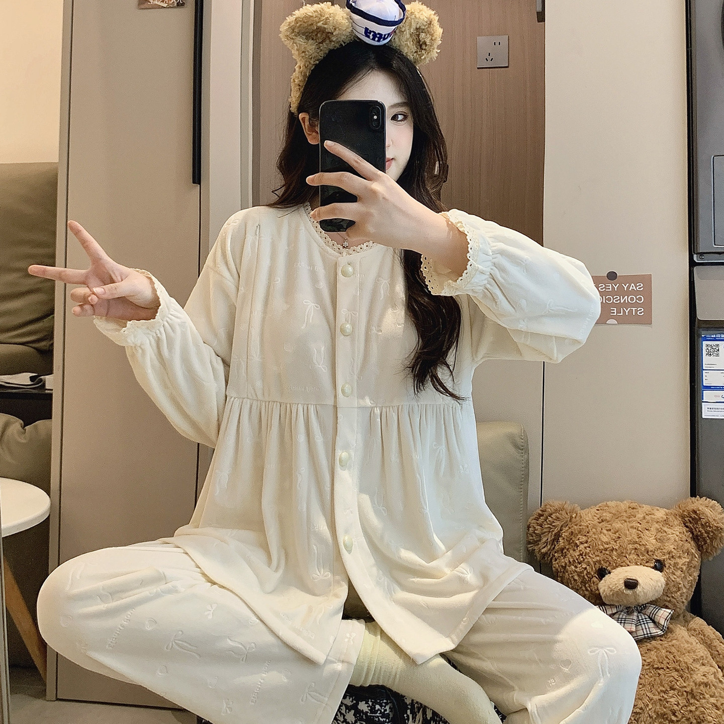 秋冬季哺乳月子服套装孕妇保暖家居服简约睡衣女海岛绒裤子可调节