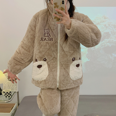 三层夹棉月子服冬季产后哺乳孕妇睡衣秋冬天款珊瑚绒加绒加厚大码